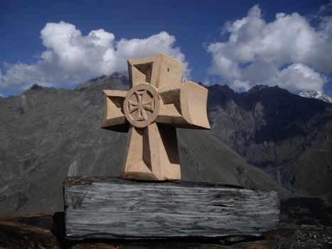 The cross near the St. Stepan church in Caucasus mountains