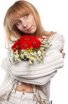 pretty girl holding bouquet, isolated on white
