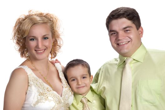 happy family portrait over white^ mother, father and son