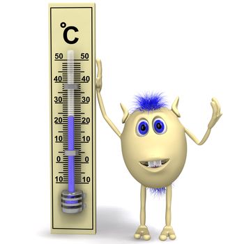 Blue haired happy puppet standing near big thermometer