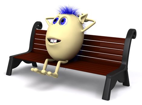 Blue haired puppet resting on brown park bench