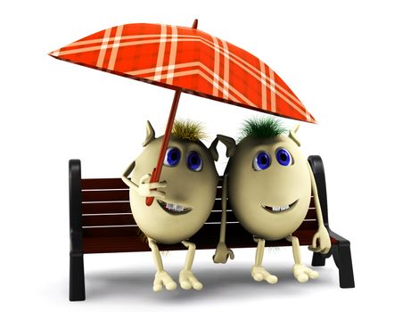 Look on two happy  puppets under  checkered umbrella
