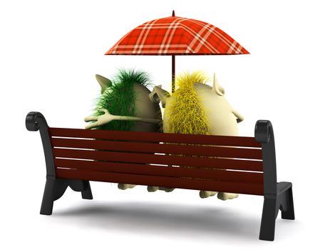 Look from behind on two puppets under umbrella