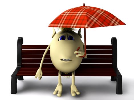 Worring puppet hide itself under umbrella from rain