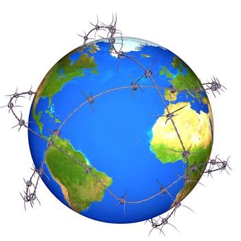 3d earth surrounded by barbed wire