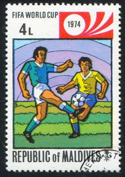 MALDIVE ISLANDS - CIRCA 1974: stamp printed by Maldive Islands, shows football, circa 1974