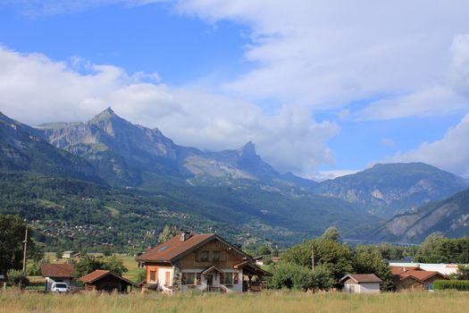 houses and mountain Mont-Blanc