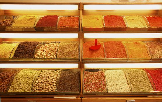 june 2011 Great Market Istanbul Turkey, stall holder display of legumes, pulses spices