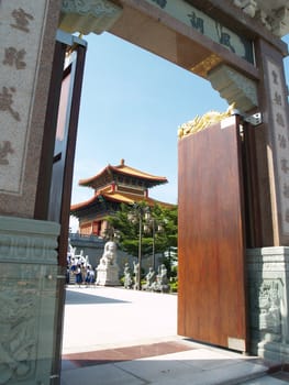 Door and court of Chinese temple in Thailand