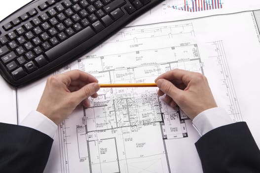 pencil, hands, keyboard, blueprint, business still  life