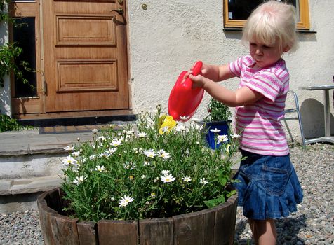 girl watering the flowers. Please note: No negative use allowed.