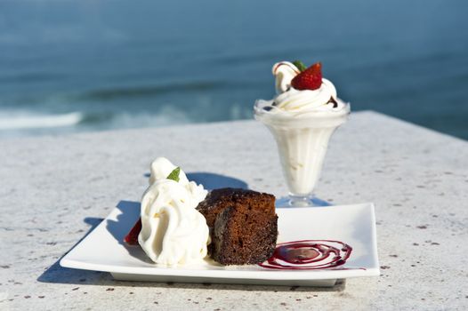 Warm chocolate pudding and ice cream on a tropical island