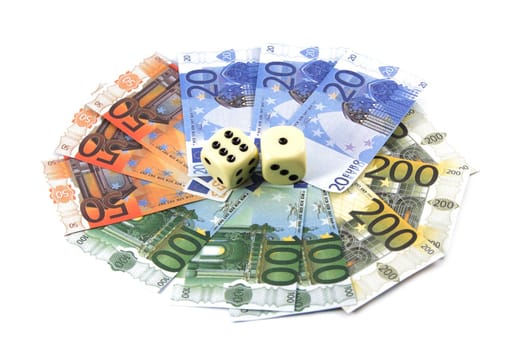 Dices on money, isolated on white
