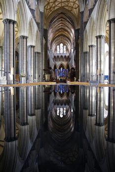 Inside of Salisbury Cathedral, reflection from watter,  England 