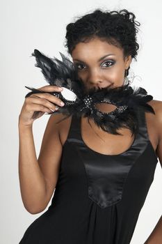 Beautiful brunette woman wearing party clothes and accessories smiling on white background. Not isolated