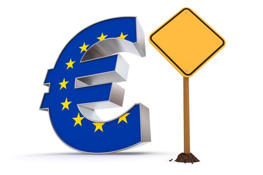 shiny metallic Euro symbol with a European Union flag on it's front - a red and white  triangular warning sign stands next to it