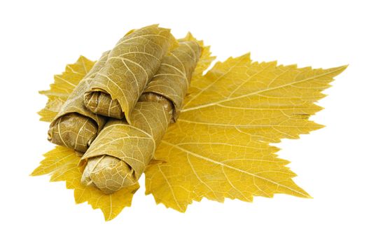 Dolma on grape leaf. Isolated on white background.