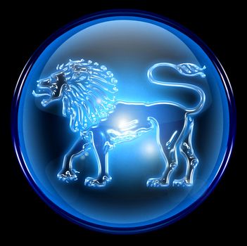 Lion zodiac button icon, isolated on black background.