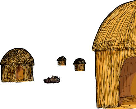 Illustration of four traditional straw huts and a fire pit