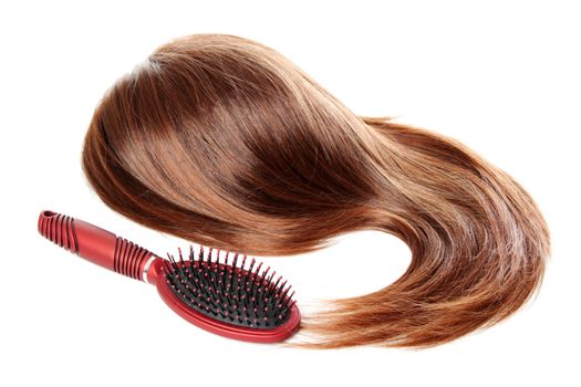 Long and straight female hair. Red comb with dandruff. Isolated over white background