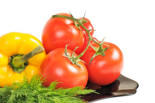 Vegetables - Tomatoes, peppers on a plate with dill. Isolated on white.