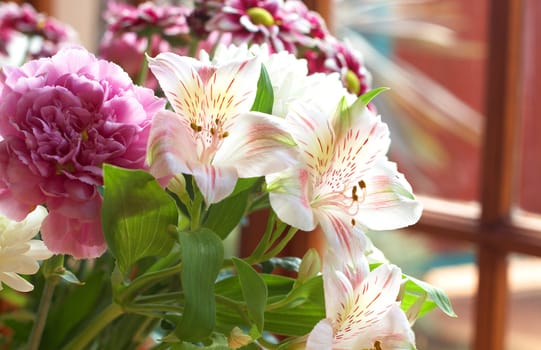 Bouquet of beautiful pink and white flowers with copy space