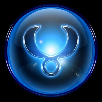 Taurus zodiac button icon, isolated on black background.