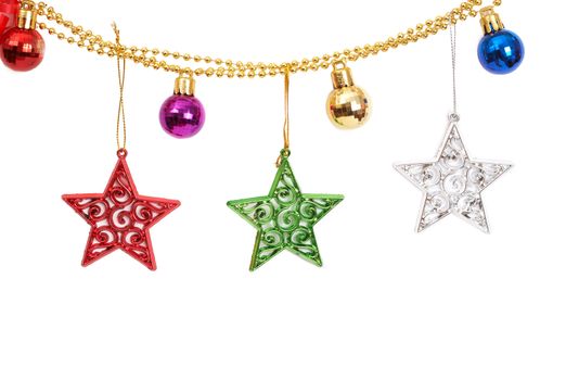 Four colorful Christmas baubles and stars on golden string isolated on white background with copy space. 