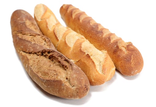 Three different French baguettes against a white background.Swallow DOF.
