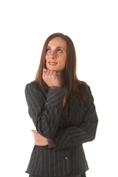 Beautiful brunette businesswoman in business suit on white background. Not isolated