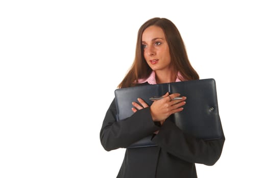 Beautiful brunette businesswoman in business suit on white background. Not isolated