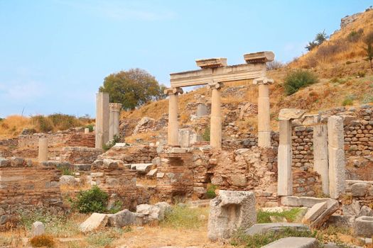 Ruins of columns in ancient city of Ephesus, Turkey