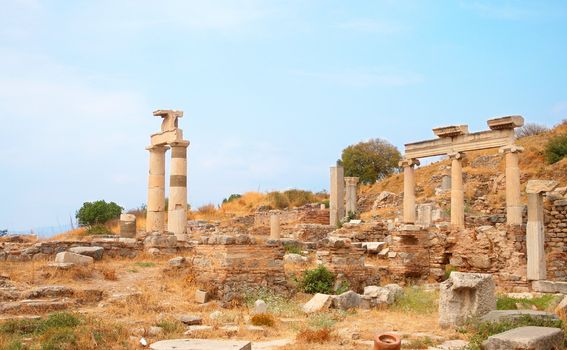 Ruins of columns in ancient city of Ephesus, Turkey