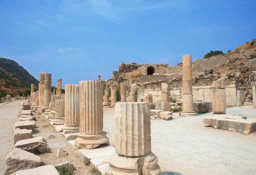 Ruins of columns in ancient city of Ephesus, Turkey