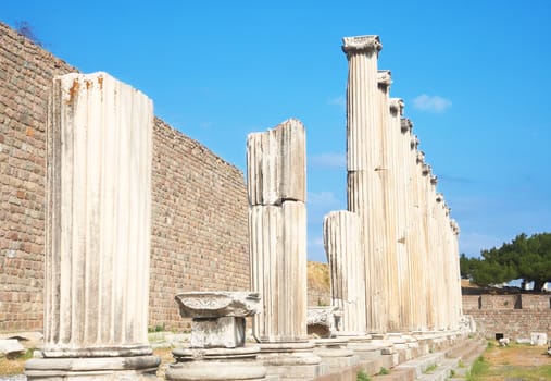 Ruins of columns in Asklepion in ancient city of Bergama, Turkey