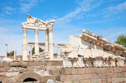 Trajan Temple columns in ancient city of Pergamon, Turkey