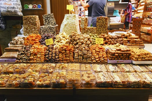 June 2011 Dry fruits shop stall in Grand Bazaar Istanbul Turkey with fudges and sweets