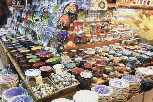 display of ceramics and spices Great Bazaar Istanbul Turkey, June 2011