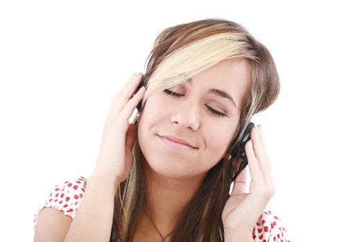 Woman listening to music and singing. Isolated on white background