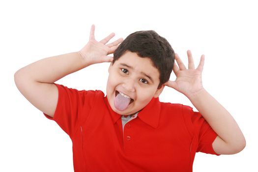 Horizontal portrait of a young boy's silly face