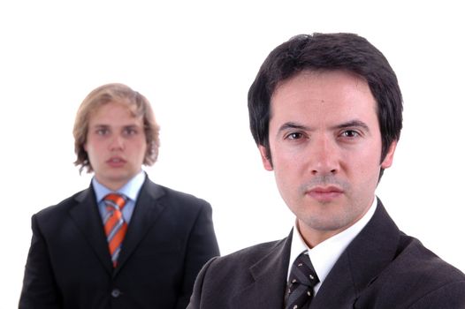 two young business men portrait on white. focus on the right man