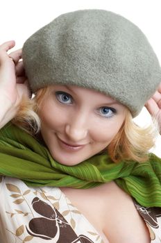 portrait of expressing positivity cute blond girl with green scarf (series)