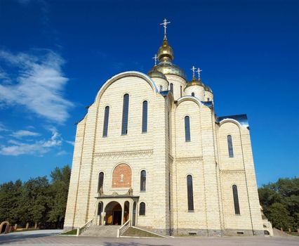 The largest in Ukraine Orthodox St. Archangel Michael's Cathedral situated in Cherkassy city. Vertical panorama stitched from two shots.