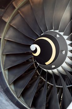 airplane part, closeup of jet engine turbine blades