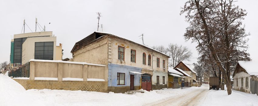 Old town houses in bad conition at winter. Panorama made from 50 frames. Extra high resolution.