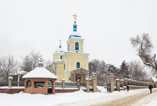Moldavian orthodox church at winter. Panorama made from 25 frames.