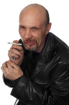 suspicious bald man in black leather jacket