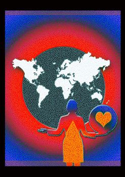 great creative abstract colored bright portrayal of Planet Earth and a woman who wants to save the world.