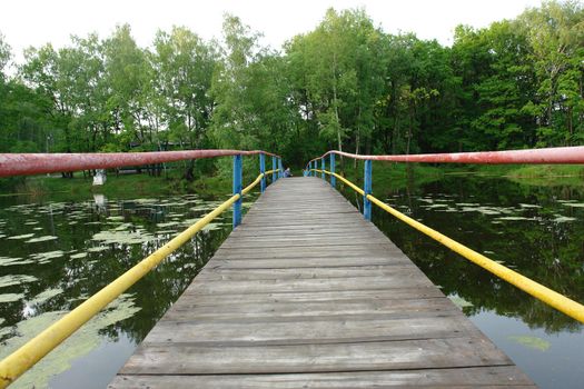 The wooden bridge through a pond in a wood