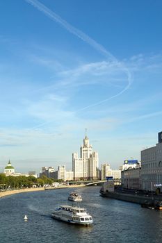 Sight at the river Moskva and a high-altitude building